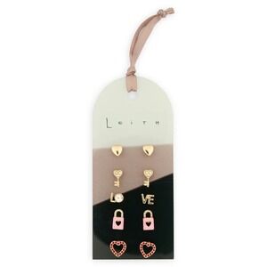 Leith Gold Heart Stud 5Pair Earring Set Love Lock Key Pink Red Valentine Jewelry